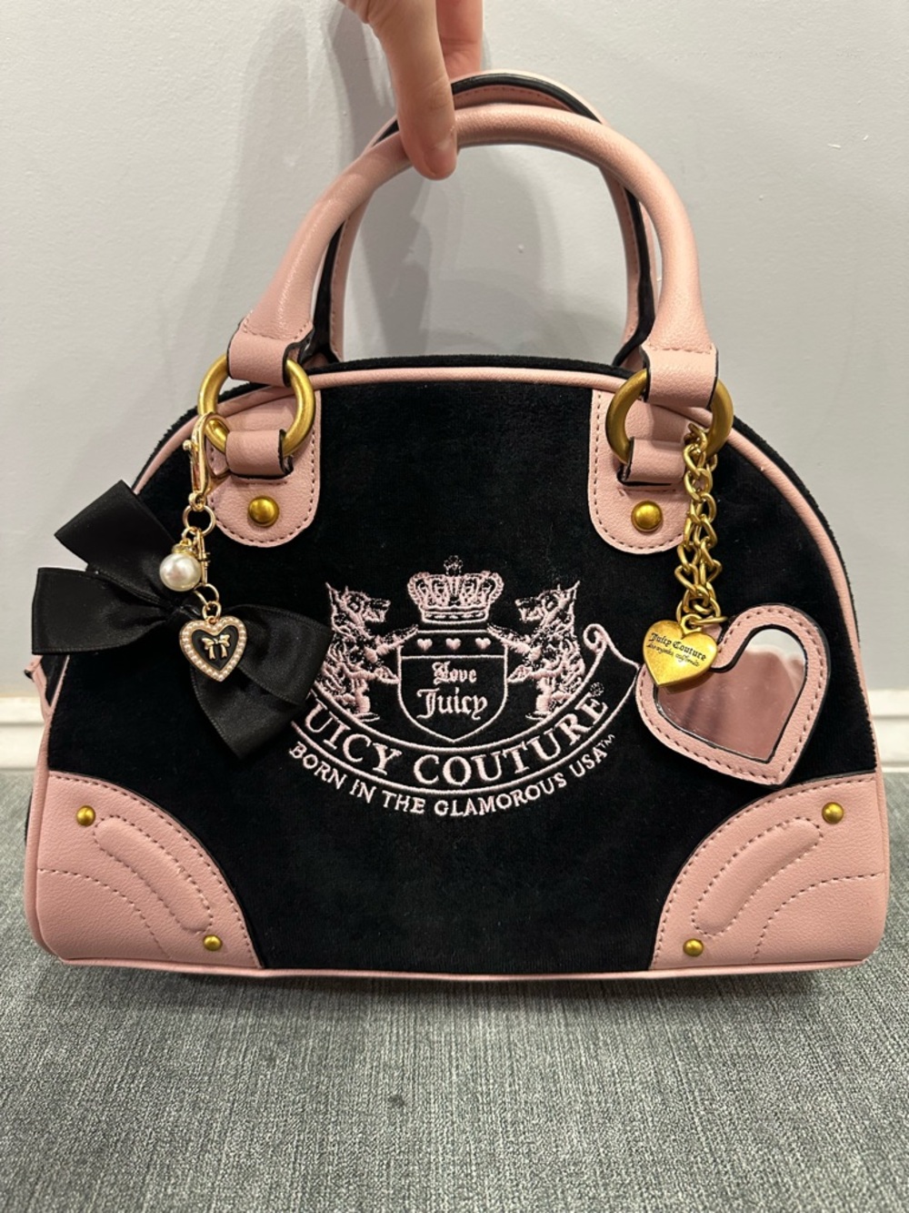 Juicy Couture Black and Light Pink Dome Satchel with Charm Accents